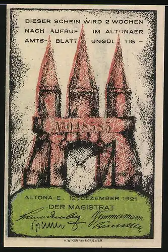 Notgeld Altona 1921, 80 Pfennig, Tor mit drei Türmen, Blick auf die Kirche