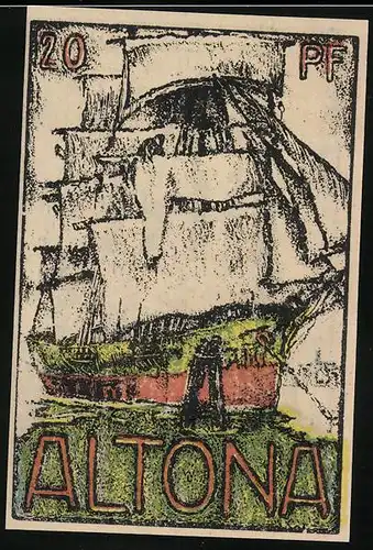 Notgeld Altona 1921, 20 Pfennig, Tor mit drei Türmen, Segelschiff