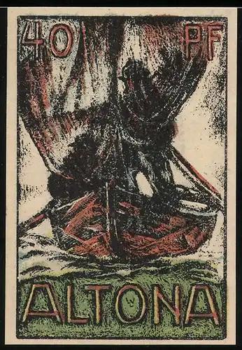 Notgeld Altona 1921, 40 Pfennig, Tor mit drei Türmen, Zwei Männer am Rudern