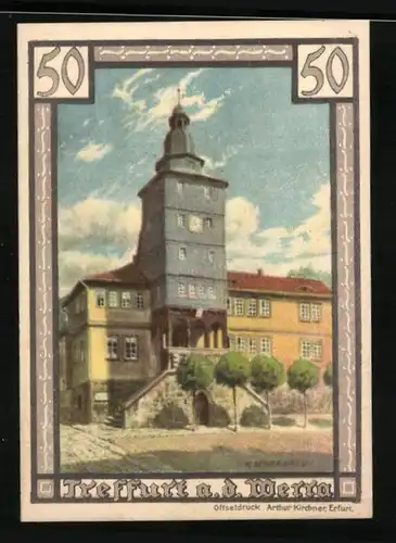 Notgeld Treffurt a. d. Werra 1921, 50 Pfennig, Blick aufs Rathaus, Wappen