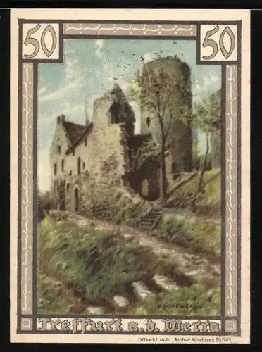 Notgeld Treffurt a. d. Werra 1921, 50 Pfennig, Burgruine und Wappen
