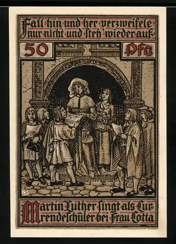 Notgeld Eisenach 1921, 50 Pfennig, Luther singt als Currendeschüler bei Frau Cotta, Wappen