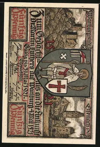 Notgeld Eisenach 1921, 50 Pfennig, Luther singt als Currendeschüler bei Frau Cotta, Wappen