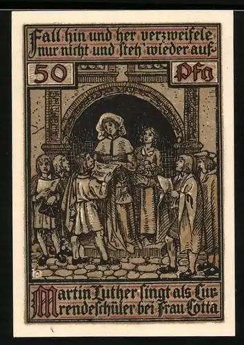 Notgeld Eisenach 1921, 50 Pfennig, Luther singt als Currendeschüler bei Frau Cotta, Wappen