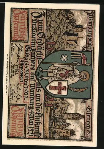 Notgeld Eisenach 1921, 50 Pfennig, Luther singt als Currendeschüler bei Frau Cotta, Wappen