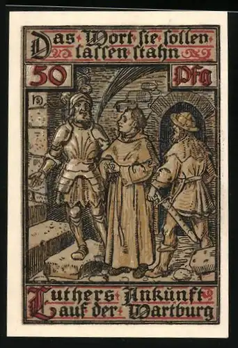 Notgeld Eisenach 1921, 50 Pfennig, Luthers Ankunft auf der Wartburg, Wappen