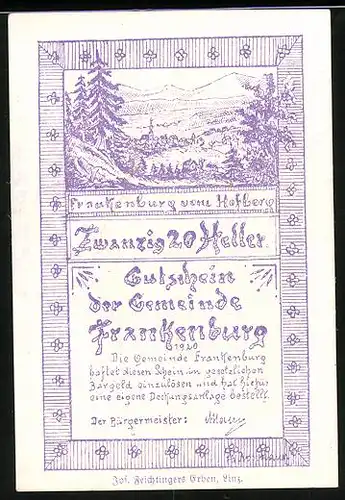 Notgeld Frankenburg 1920, 20 Heller, Ortsansicht vom Hofberg aus