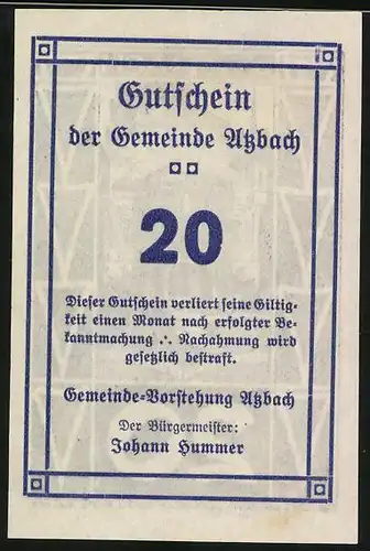 Notgeld Atzbach, 20 Pfennig, Schloss Aigen a. Hausruck
