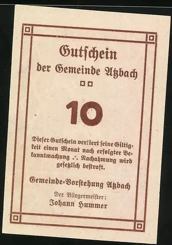 Notgeld Atzbach, 10 Pfennig, Blick auf die Kirche