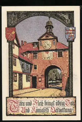 Notgeld Bad Sooden a. d. Werra, 50 Pfennig, Wappen und Partie am Stadttor