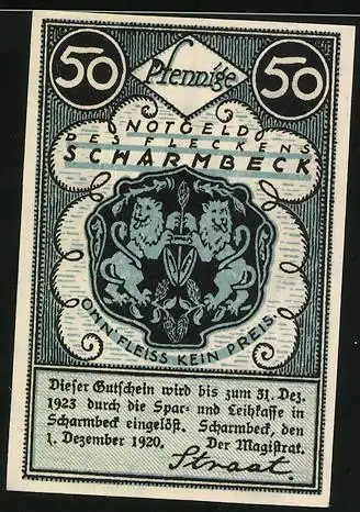 Notgeld Scharmbeck 1920, 50 Pfennig, Kirche und Wappen