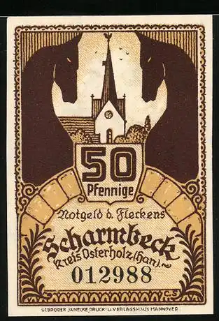 Notgeld Scharmbeck 1920, 50 Pfennig, Wappen und Kirche