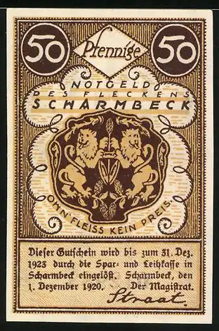 Notgeld Scharmbeck 1920, 50 Pfennig, Wappen und Kirche