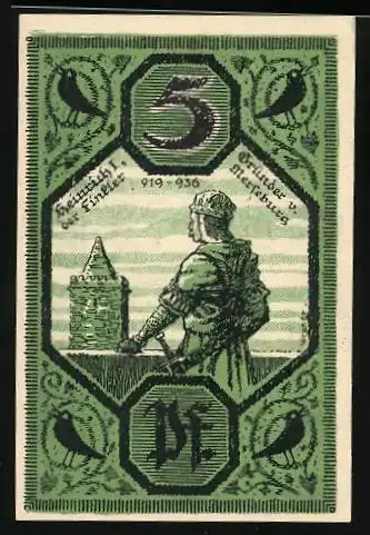 Notgeld Merseburg 1921, 5 Pfennig, Heinrich I., der Finkler