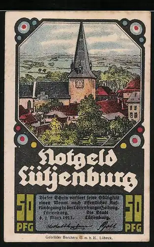Notgeld Lütjenburg 1921, 50 Pfennig, Ansicht mit Kirche, Rathaus, Fachwerkhaus