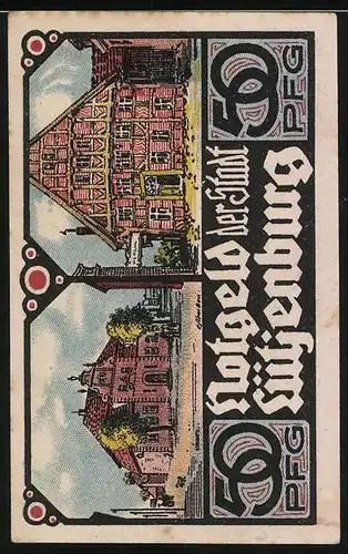Notgeld Lütjenburg 1921, 50 Pfennig, Ansicht mit Kirche, Rathaus, Fachwerkhaus