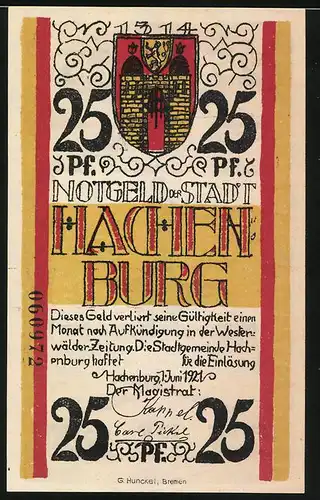 Notgeld Hachenburg 1921, 25 Pfennig, Wappen und Marktbrunnen