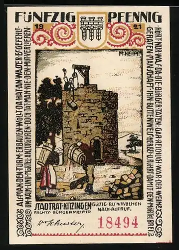 Notgeld Kitzingen 1921, 50 Pfennig, Bürger beim Turmbau, Weinseeliger Turm
