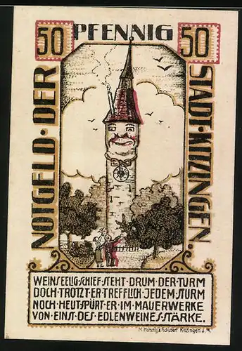 Notgeld Kitzingen 1921, 50 Pfennig, Bürger beim Turmbau, Weinseeliger Turm