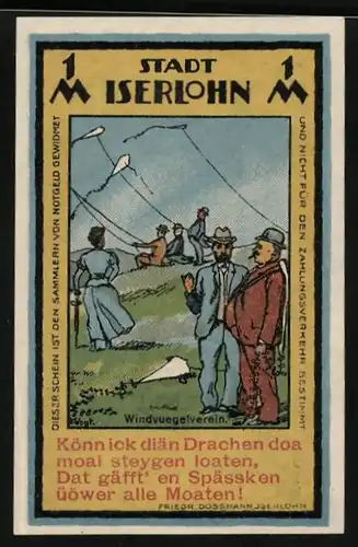 Notgeld Iserlohn 1921, 1 Mark, Windvuegelverein, Graf Engelbert v. d. Mark