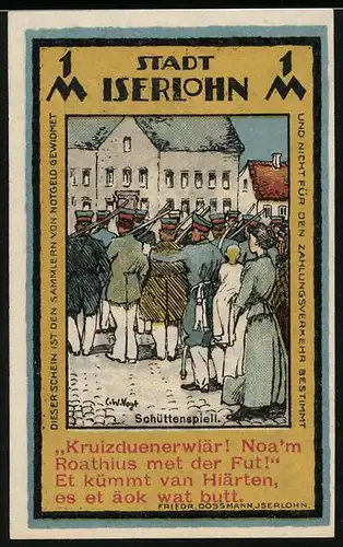 Notgeld Iserlohn 1921, 1 Mark, Schüttenspiell, Graf Engelbert v. d. Mark