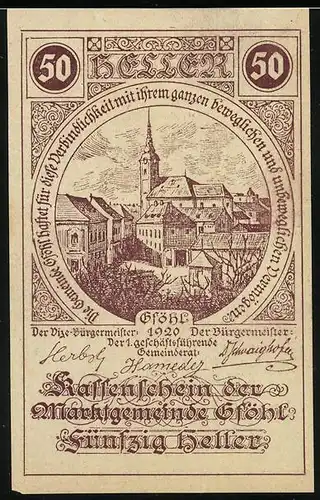 Notgeld Gföhl 1920, 50 Heller, Ortsansicht mit Kirche