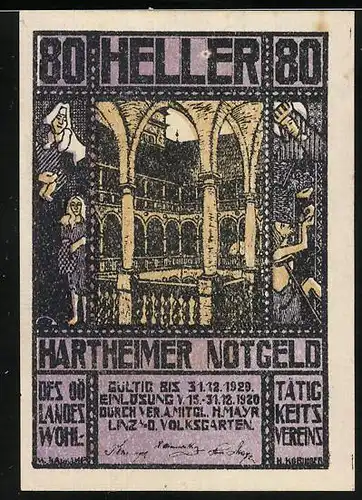 Notgeld Hartheim 1920, 80 Heller, Nonne im Habit, Klosterinneres, König mit Krone