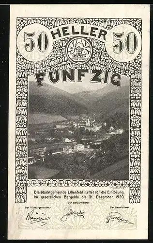 Notgeld Lilienfeld 1920, 50 Heller, Ortsansicht vom Berg aus