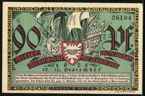 Notgeld Kiel 1921, 90 Pfennig, Kieler Herbstwoche für Kunst und Wissenschaft, verschiedene Schiffe