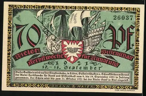 Notgeld Kiel 1921, 70 Pfennig, Kieler Herbstwoche für Kunst und Wissenschaft, Ortspartie zu alter Zeit