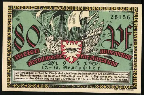 Notgeld Kiel 1921, 80 Pfennig, Kieler Herbstwoche für Kunst und Wissenschaft, Kieler Gesellschaft