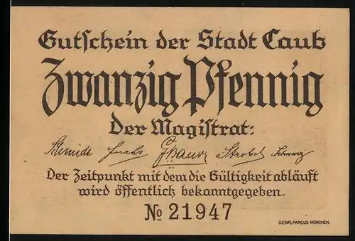 Notgeld Caub, 20 Pfennig, Schloss am Wasser