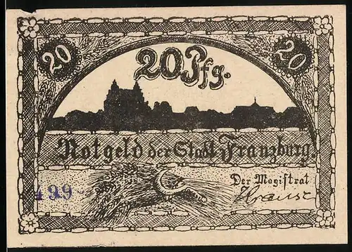 Notgeld Franzburg, 20 Pfennig, Silhouette der Stadt