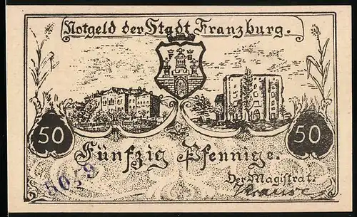 Notgeld Franzburg, 50 Pfennig, Ortspartie und Wappen