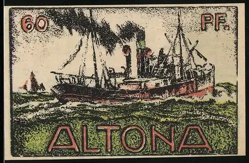 Notgeld Altona 1921, 60 Pfennig, Tor mit drei Türmen und Dampfer