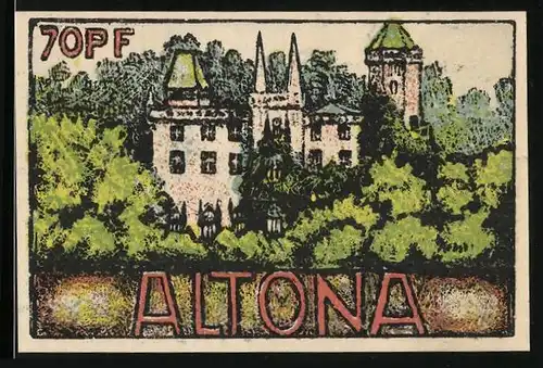 Notgeld Altona 1921, 70 Pfennig, Tor mit drei Türmen, Schloss im Wald