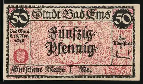 Notgeld Bad Ems 1918, 50 Pfennig, Ortsansicht aus der Vogelschau, zwei Flaschen Kränchen