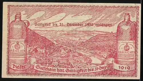 Notgeld Bad Ems 1918, 50 Pfennig, Ortsansicht aus der Vogelschau, zwei Flaschen Kränchen