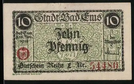 Notgeld Bad Ems 1918, 10 Pfennig, Ortsansicht aus der Vogelschau