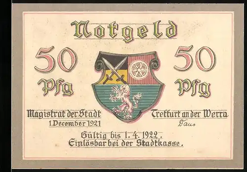 Notgeld Treffurt a. d. Werra 1921, 50 Pfennig, Wappen, Strassenpartie mit Blick auf Felder