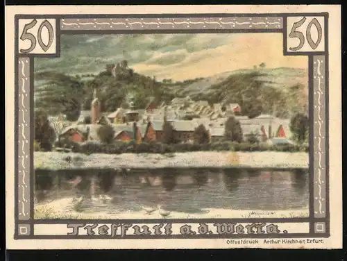 Notgeld Treffurt a. d. Werra 1921, 50 Pfennig, Ortsansicht vom Wasser aus, Wappen