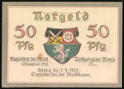 Notgeld Treffurt a. d. Werra 1921, 50 Pfennig, Ortsansicht vom Wasser aus, Wappen