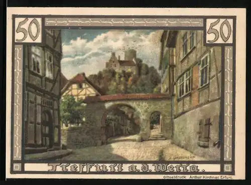 Notgeld Treffurt a. d. Werra 1921, 50 Pfennig, Torbogen und Blick auf Burg