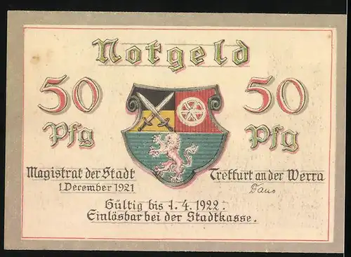 Notgeld Treffurt a. d. Werra 1921, 50 Pfennig, Torbogen und Blick auf Burg