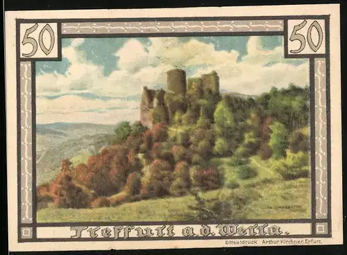 Notgeld Treffurt a. d. Werra 1921, 50 Pfennig, Burg auf einem Hügel