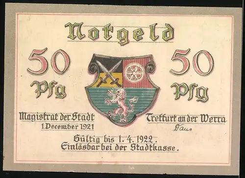 Notgeld Treffurt a. d. Werra 1921, 50 Pfennig, Burg auf einem Hügel