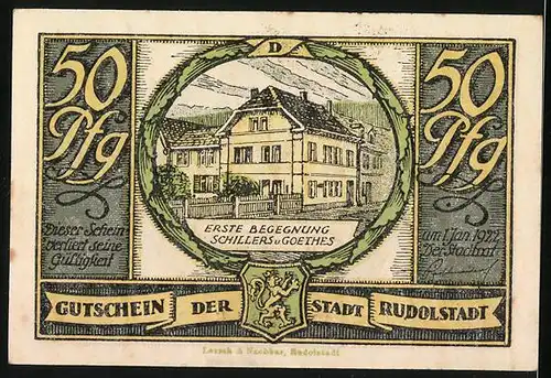 Notgeld Rudolstadt 1922, 50 Pfennig, Erste Begegnung Schillers und Goethes