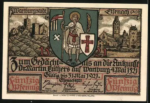 Notgeld Eisenach 1921, 50 Pfennig, Wartburg, Luthers Gefangennahme