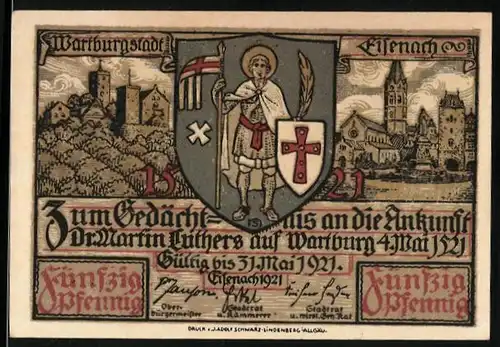 Notgeld Eisenach 1921, 50 Pfennig, Wartburg, Luther singt bei Frau Cotta