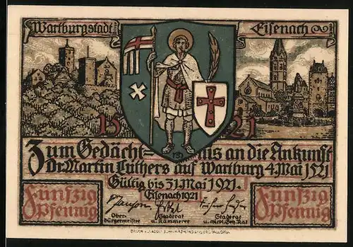 Notgeld Eisenach 1921, 50 Pfennig, Wartburg, Luthers Ankunft